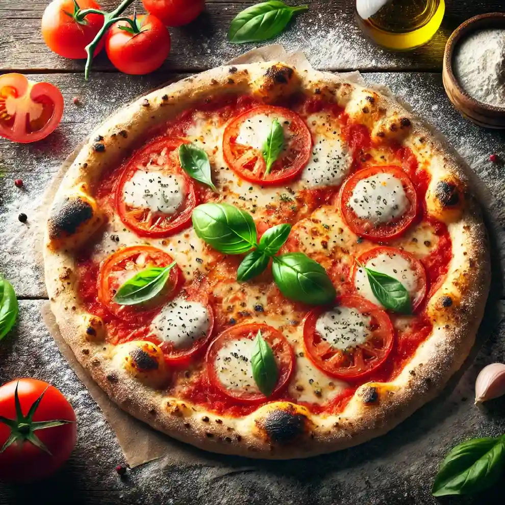 Upečená okrúhla Pizza Margherita s paradajkovým základom, roztavenou mozzarellou, plátkami paradajok a čerstvou bazalkou leží na pomúčenej drevenej doske obklopená celými paradajkami, miskou s múkou a olivovým olejom.