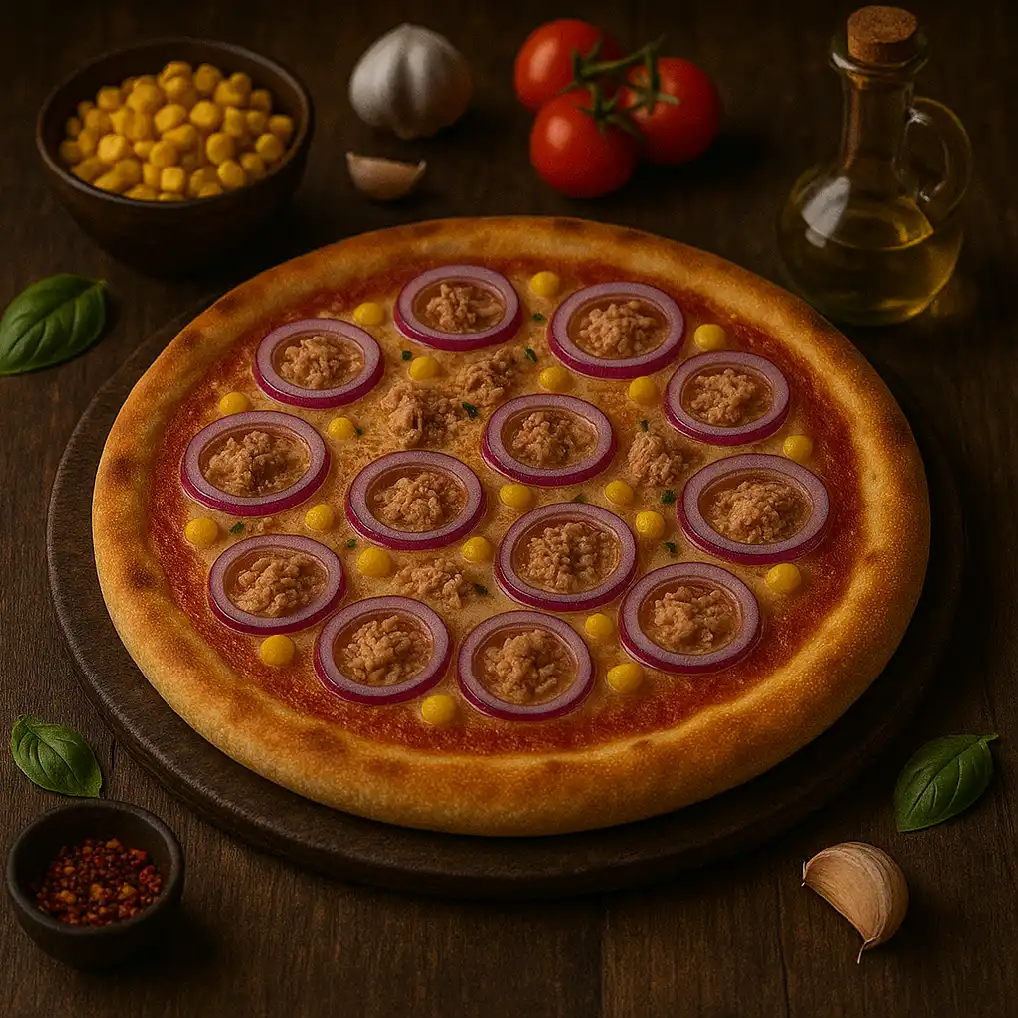 Upečená okrúhla Pizza Tuniaková s paradajkovým základom, syrom, kukuricou, kolieskami červenej cibule a tuniakom na drevenej podložke, obklopená miskou s kukuricou, paradajkami, cesnakom a fľašou oleja.